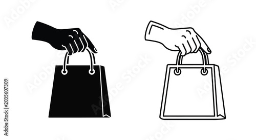 Hand Holding Shopping Bag Silhouette Black And White Line Art