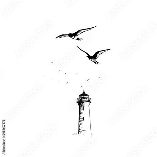 Lighthouse black and white drawing with seagulls flying coast scenery ocean landscape nautical illustration art