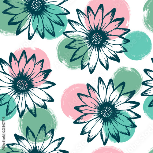 African daisy naive summer seamless pattern. Rudbeckia daisy blossom over cir...