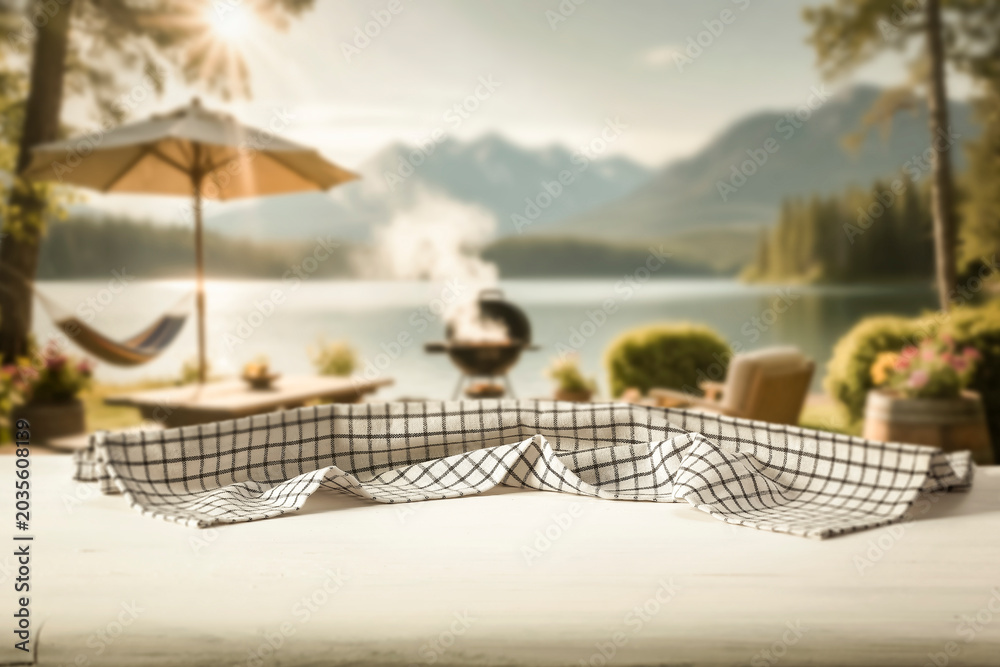 Fototapeta premium Wooden table with clean copy space for product placement and relaxing summer atmosphere with blurred summer picnic background.