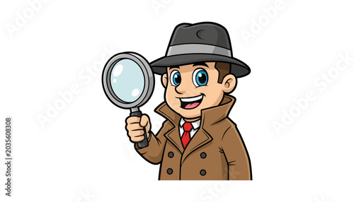Tableau sur toile Cartoon detective examining with magnifying glass