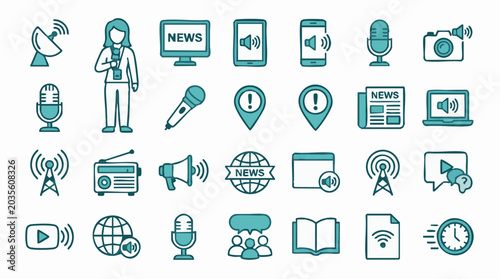 Flat design icons for news, media, communication, and broadcasting