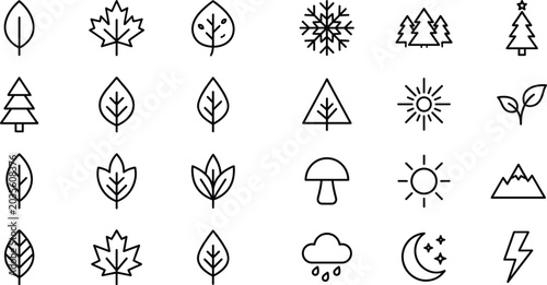 Schilderij op canvas Minimalist nature and weather outline icon set featuring leaves, trees, sun, moo