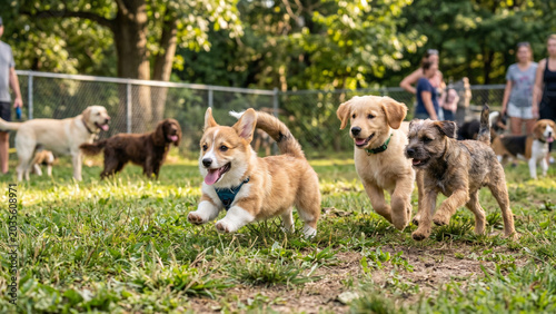 Happy puppies running and playing together at an outdoor dog park on a sunny day