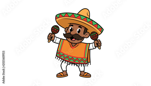 Cartoon mariachi man dancing with maracas