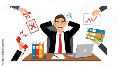 Konstfotografi Overwhelmed businessman at office desk with paperwork