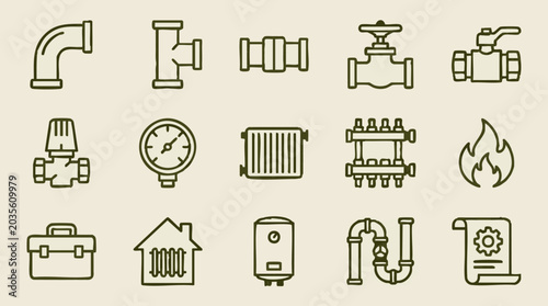 Bild auf Leinwand Plumbing, heating, and HVAC system elements outline icons set