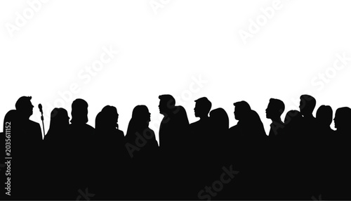 Crowd of people in silhouette gathered together with a clear white sky above.