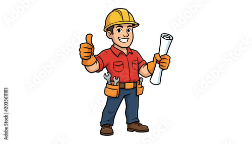 Cuadro en lienzo Smiling Construction Worker Holding Blueprints and Giving Thumbs Up