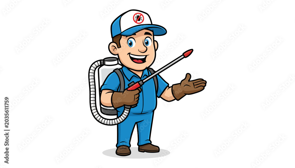 Fototapeta premium Cartoon man holding pesticide sprayer outdoors