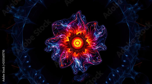 Abstract 3D rendering of a cosmic swirling vortex of glowing fire energy and fluid blue light trails over a dark background