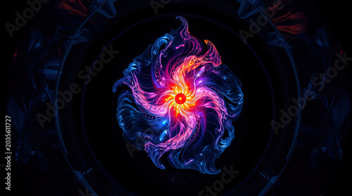 Abstract 3D rendering of a cosmic swirling vortex of glowing fire energy and fluid blue light trails over a dark background