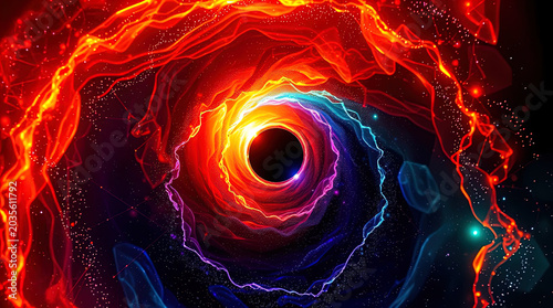 Abstract 3D rendering of a cosmic swirling vortex of glowing fire energy and fluid blue light trails over a dark background