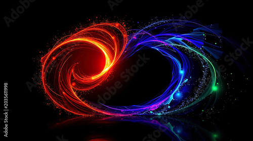 Abstract 3D rendering of a cosmic swirling vortex of glowing fire energy and fluid blue light trails over a dark background