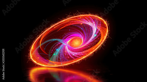 Abstract 3D rendering of a cosmic swirling vortex of glowing fire energy and fluid blue light trails over a dark background