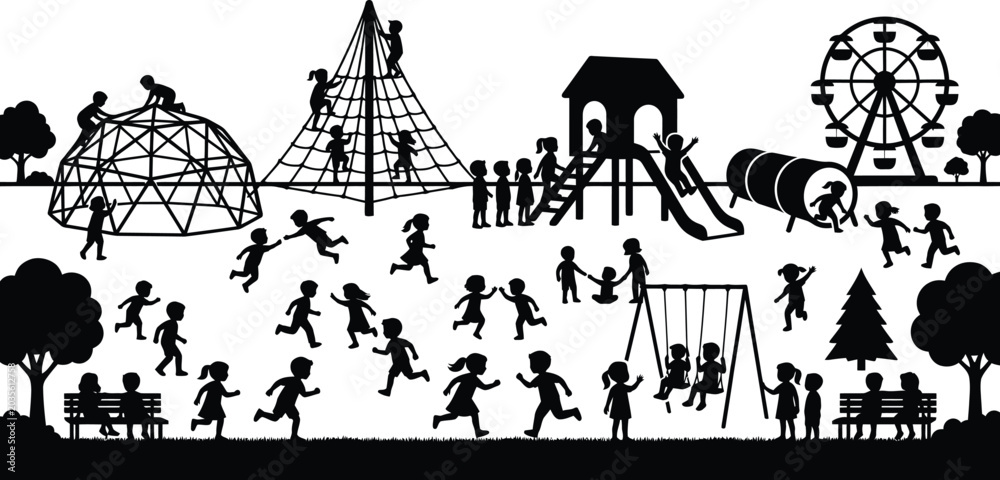 Fototapeta premium Playground Silhouette Against White Background Children And Recreational Equipment