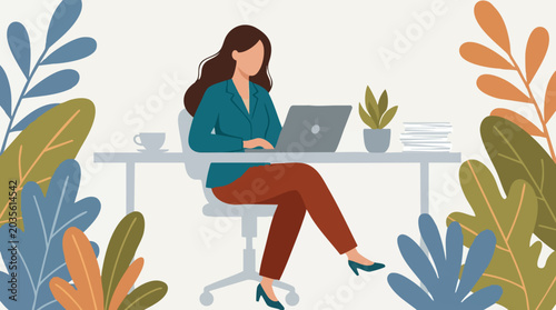 Canvas-taulu Professional woman working on laptop at office desk surrounded by green plants