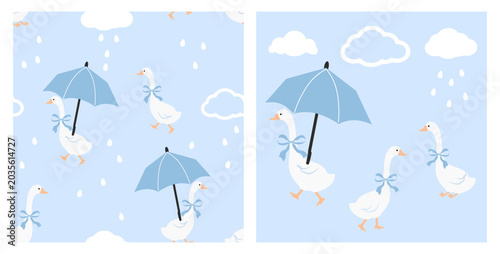 Cute duck with umbrella rainy cloud seamless pattern pastel blue background design.