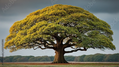 Solitary Majestic Ancient Oak Tree with Autumn Yellow-Green Foliage, Standing in Open Rural Field with Forest Backdrop and Overcast Sky, Seasonal Countryside Nature Landscape