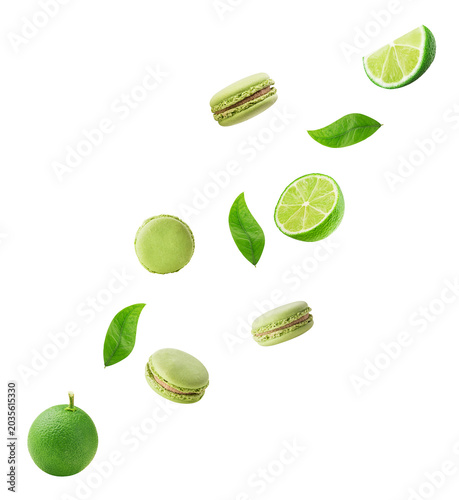 Flying macaroon and lime wIth green leaf