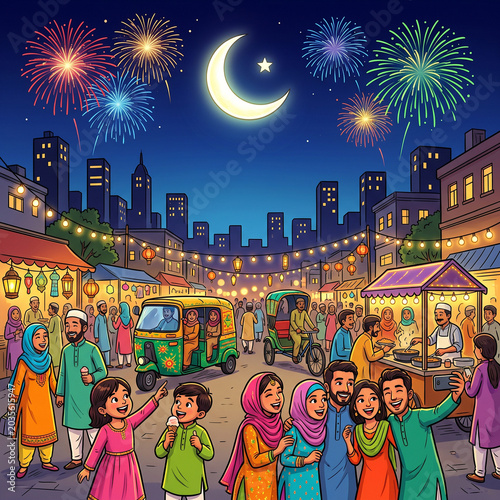 People celebrating eid festival with fireworks and food stalls