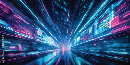 Foto Abstract futuristic tunnel with streaks of blue and pink neon lights conveying s