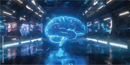 Photos Artificial intelligence human brain hologram in futuristic server room with glow