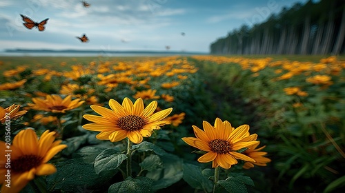 Low Angle View of Blooming Sunflower Field by Lakeside with Forest Edge, Monarch Butterflies in Flight, Dynamic Motion Blur Summer Outdoor Natural Landscape