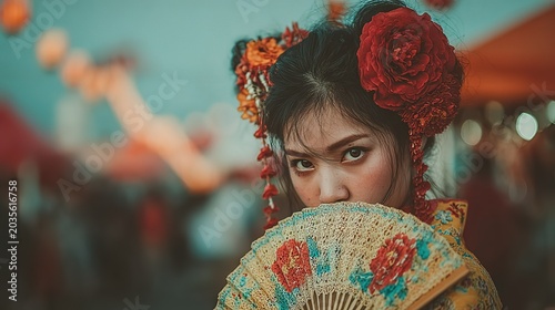 Retro-Toned Portrait of Young East Asian Woman in Traditional Cultural Attire, Adorned with Bold Floral Headdress, Holding Embroidered Folding Fan, Festive Lantern Bokeh Background