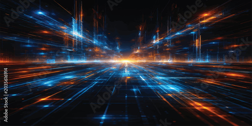 Foto Abstract futuristic digital network grid of glowing blue and orange light lines