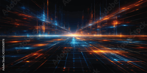 Futuristic digital grid with glowing blue and orange data lines and network connections flowing into the horizon big data machine learning deep learning science fiction abstract futuristic