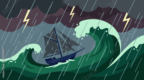 Картината върху платно Illustration of a ship battling a severe storm with lightning and huge waves
