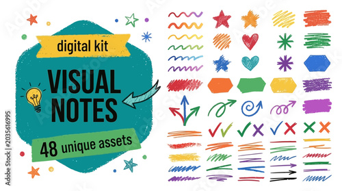 Digital Kit for Visual Communication and Note-Taking Hand-Drawn Marker Style Graphic Elements, Arrows, Shapes, and Embellishments Pack for Creative Projects