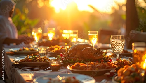 Delicious outdoor dinner party at sunset.