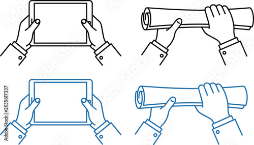Vector illustration of hands holding tablet and scroll objects representing communication, technology, and document themes
