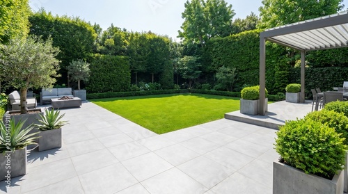 Modern Outdoor Patio with Manicured Green Lawn and Hedges	
