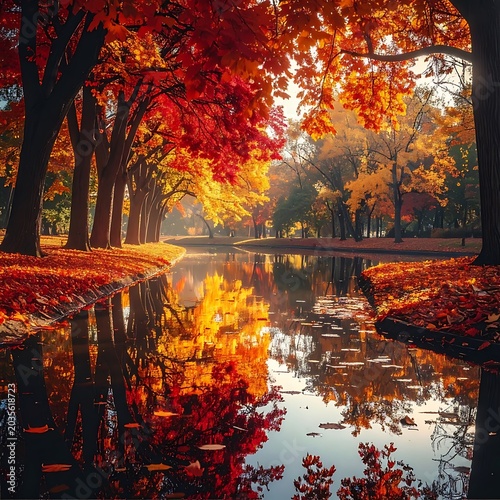 Vibrant Autumn Reflection - A Serene Park Landscape with Colorful Trees and Water.