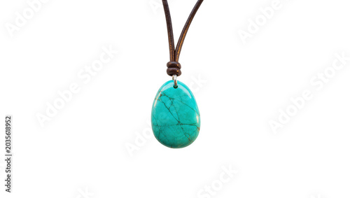Isolated natural turquoise gemstone pendant on a rustic leather cord necklace, close-up