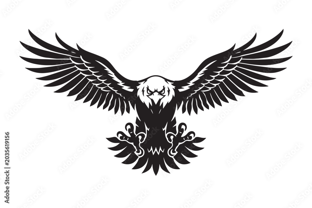 Fototapeta premium Majestic bald eagle mascot vector, powerful soaring bird of prey with spread wings, black and white predatory eagle illustration for sports logos