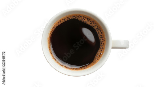 Isolated white ceramic coffee cup with fresh dark black coffee, rich crema, from above