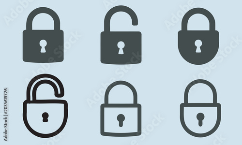 Set of padlock icons, some locked and some unlocked, on a light blue background
