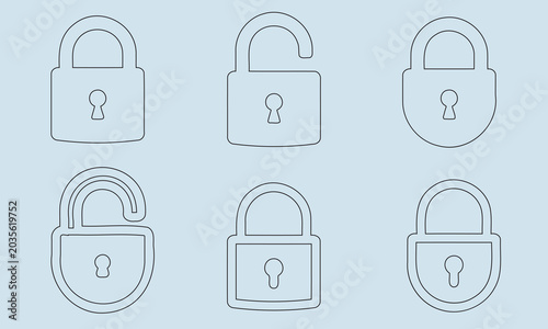 Set of padlock icons, some locked and some unlocked, on a light blue background