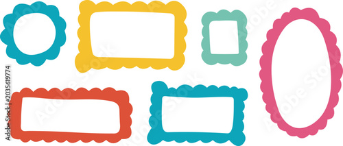 Cuadro en lienzo Set of thick colorful scalloped frames and wavy text boxes with white copy space isolated on a white background