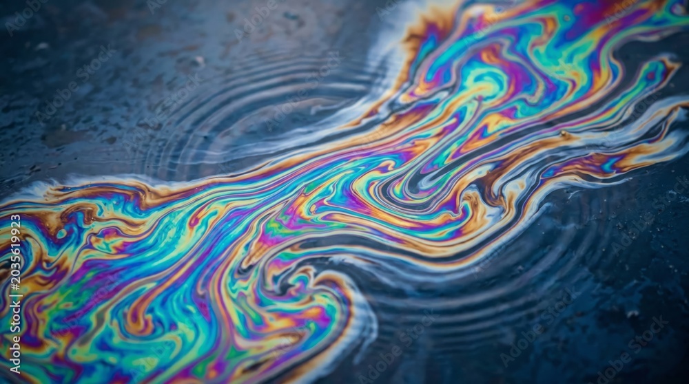 Fototapeta premium Vibrant oil slick on wet asphalt pavement creating colorful iridescent rainbow patterns representing environmental pollution