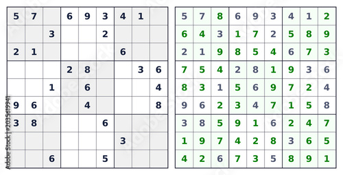 9x9 Sudoku green highlighted answer. White background black grid for printing