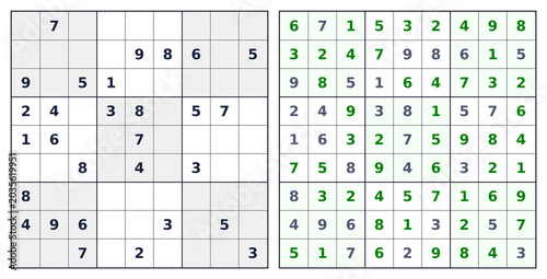 Expert 9x9 Sudoku green answer key. White background black grid numbers 1-9