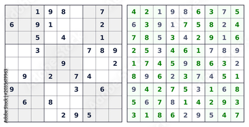 Classic 9x9 Sudoku with green solution. White background black grid complete puzzle
