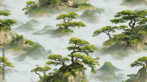 Seamless Oil Painting Pattern of Bonsai Pine Trees on Rocky Peaks in Misty Mountain Fog.
