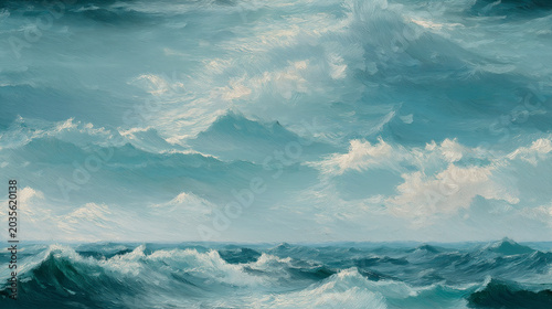 Classical Impressionist Oil Painting of Rough Ocean Waves Under a Stormy Blue and White Sky. Seamless pattern.