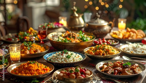 Traditional Iftar Feast with Assortment of Delicious Middle Eastern Dishes and Festive Decorations.